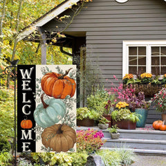 Baccessor Fall Pumpkins Garden Flag in a garden setting