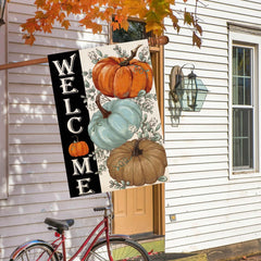 Baccessor Fall Pumpkins House Flag featuring vibrant colours in outdoor setting
