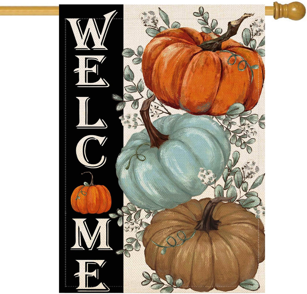 Baccessor Fall Pumpkins House Flag with Autumn Eucalyptus Leaves front view