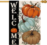 Baccessor Fall Pumpkins House Flag with Autumn Eucalyptus Leaves front view