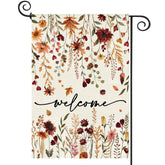 Baccessor Fall Welcome Garden Flag front view with orange floral design