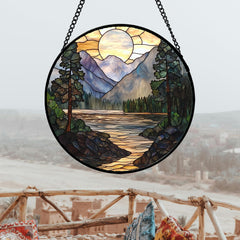 Back view of AMDERVEN stained glass suncatcher showing metal fixtures