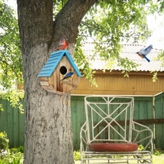 Back view of Auslar bird house with swivel door for easy cleaning
