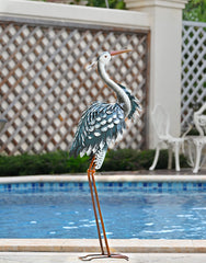 Back view of Blue Heron Statue with U-shaped stakes