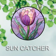 Back view of DASTOLL Purple Tulip Stained Glass Suncatcher