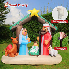 Back view of FunFanso inflatable nativity scene with tethers and stakes