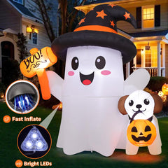 Back view of GOOSH inflatable ghost with spooky witch hat