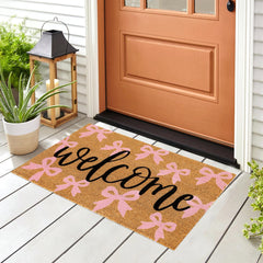 Back view of JarThenaAMCS Pink Bow Coir Door Mat