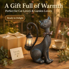 Back view of REYISO Cat Outdoor Statue with solar lantern