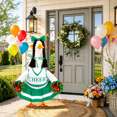Back view of the cheerleader goose costume with bow and pom poms