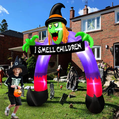Back view of the inflatable witch archway showing the fan and power adapter