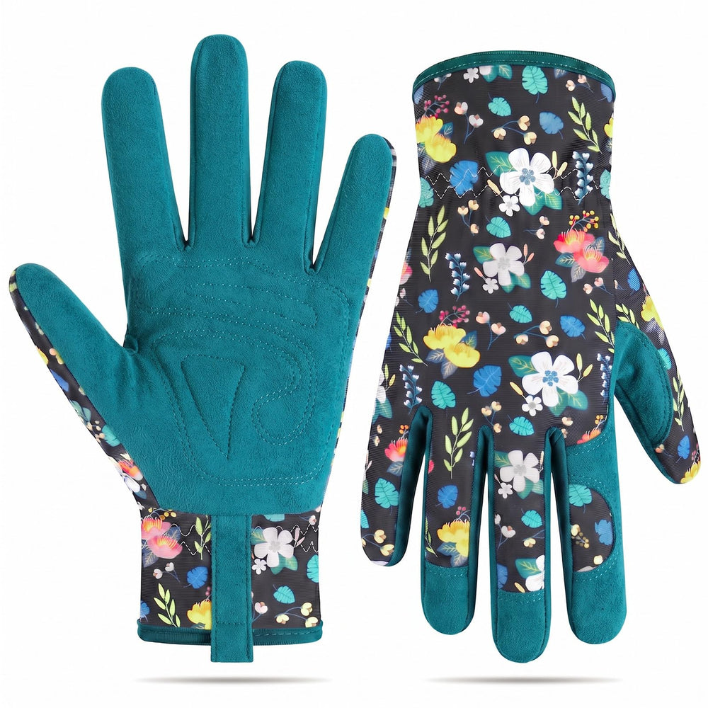 Baidast Gardening Gloves for Women, blue with floral pattern front view