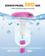 Baldr Solar Pool Thermometer floating in a clear swimming pool