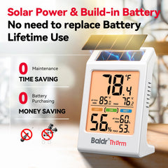 BaldrTherm thermometer with solar panel and battery backup