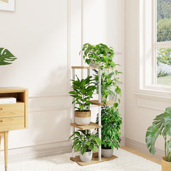 Bamworld 4 Tier Corner Plant Stand side view with plants