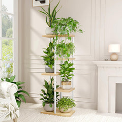 Bamworld 5 Tier Corner Plant Stand side view with plants