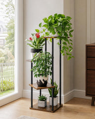 Bamworld Small Plant Stand 4 Tier Metal Brown Oak front view