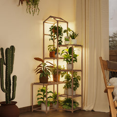 Bamworld Tall Corner Plant Stand with grow lights, front view