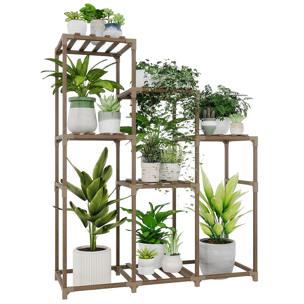 Bamworld Tall Plant Stand brown wood shelf side view