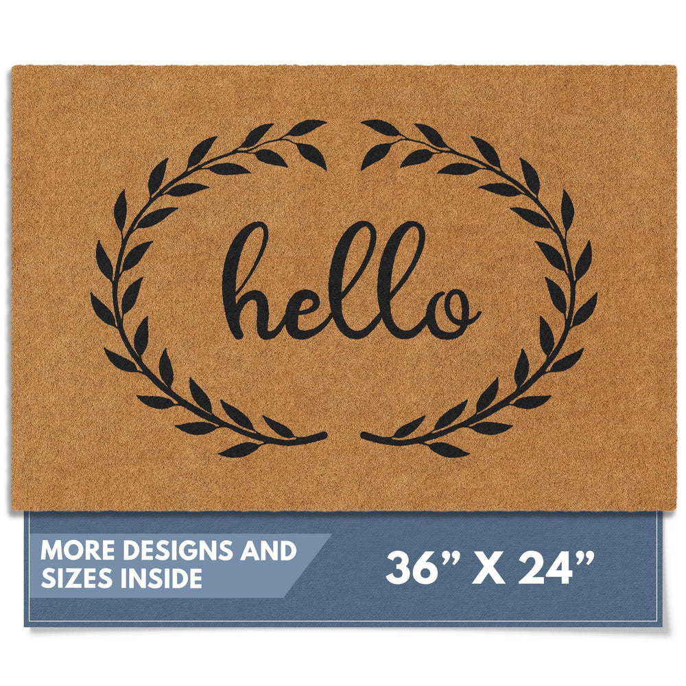 Barnyard Designs Natural Coco Coir Doormat front view with Hello Wreath design