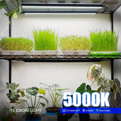 Barrina T5 grow light attached to a plant shelf