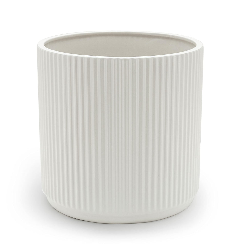 Basics 8-inch fluted ceramic planter pot in white front view