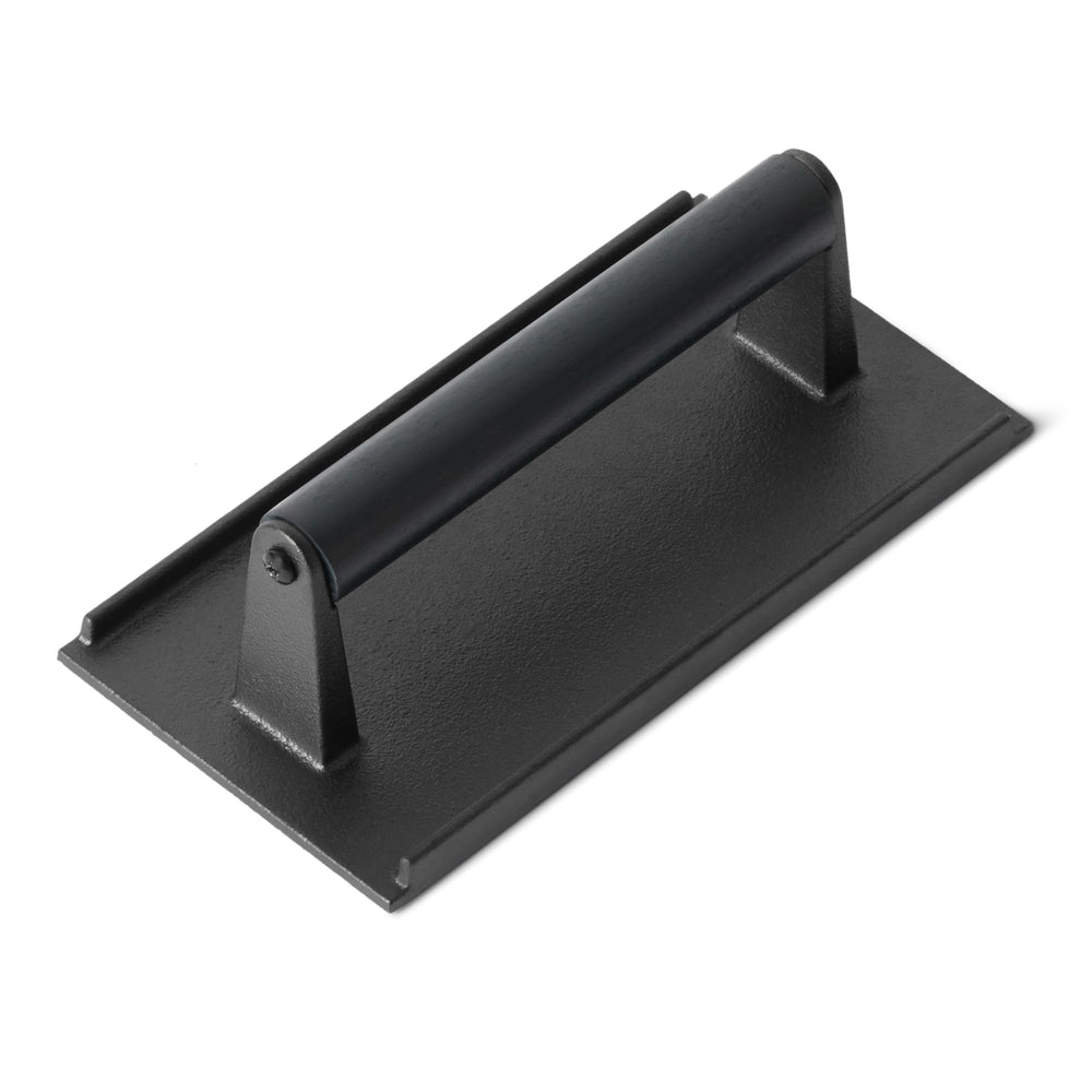 Basics Cast Iron Burger Press front view with wooden handle