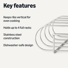 Basics Rib Rack holding four racks of ribs, grilling outdoors