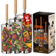 Basinel Rolling Grill Basket front view with wooden handle