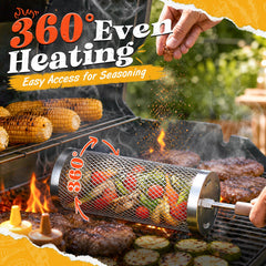 Basinel Rolling Grill Basket in use grilling vegetables