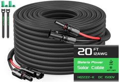 Bateria Power 20FT Twin Wire Solar Panel Extension Cable, Black