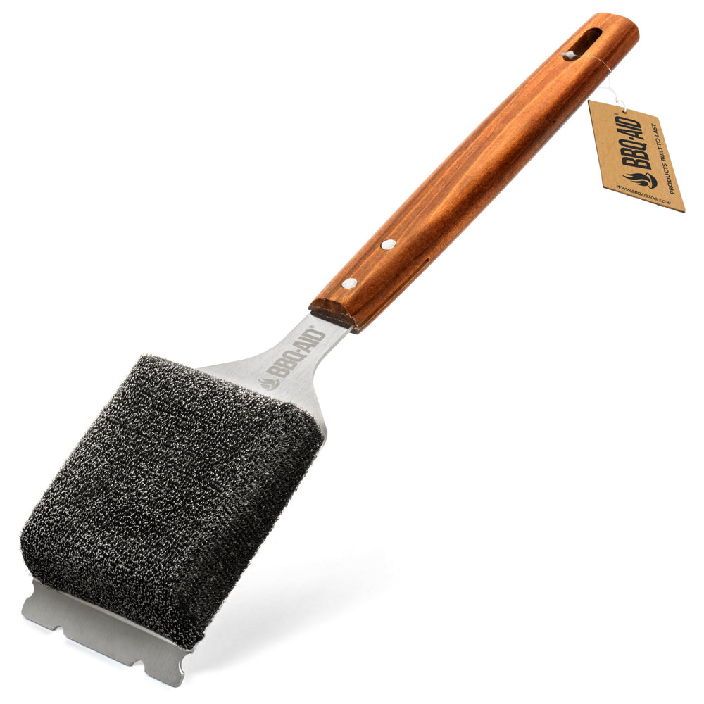 BBQ-Aid Bristle Free Grill Brush Cleaner front view with wood handle