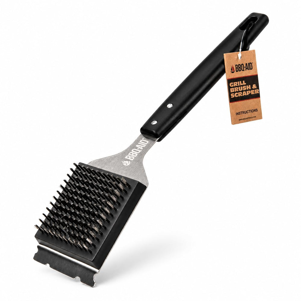 BBQ-Aid Grill Brush black model front view with ergonomic handle