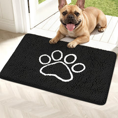 Bcoimo Dog Door Mat 30" x 20" in black with paw print design