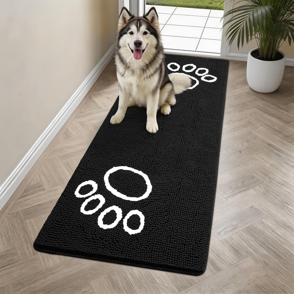 Bcoimo Super Absorbent Dog Door Mat 60" x 24" front view in black with paw design