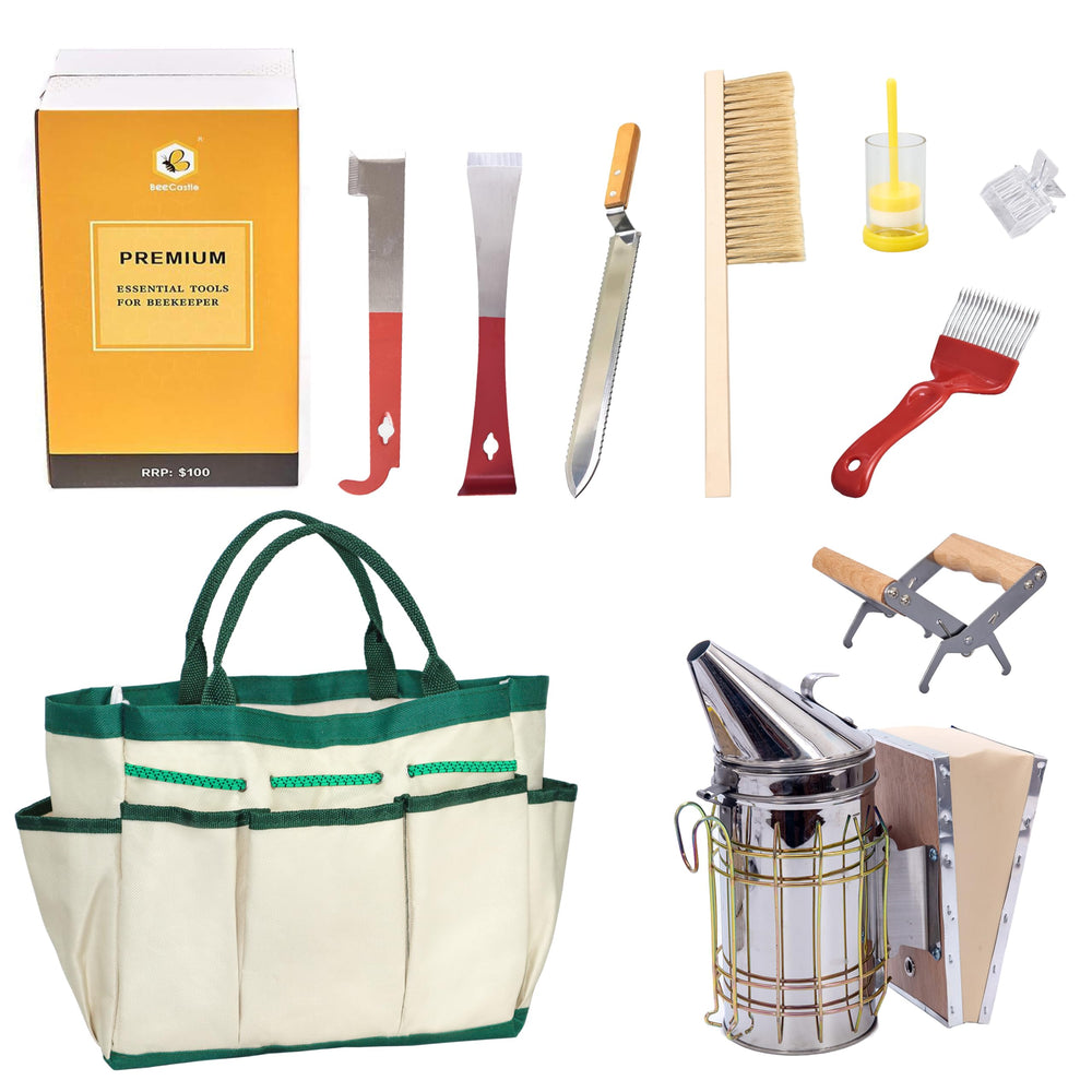 BeeCastle 9 Pcs Beekeeping Tools Kit with organizer tote front view