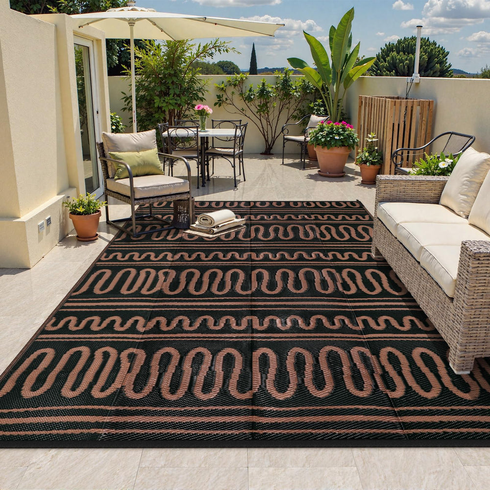 Beeiva Outdoor Rug 8x10 waterproof black brown striped design