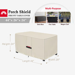 Beige fire pit cover on a rectangular fire table