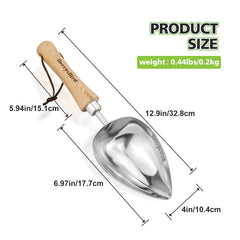 Berry&Bird oversized soil scoop showing ergonomic ash wood handle
