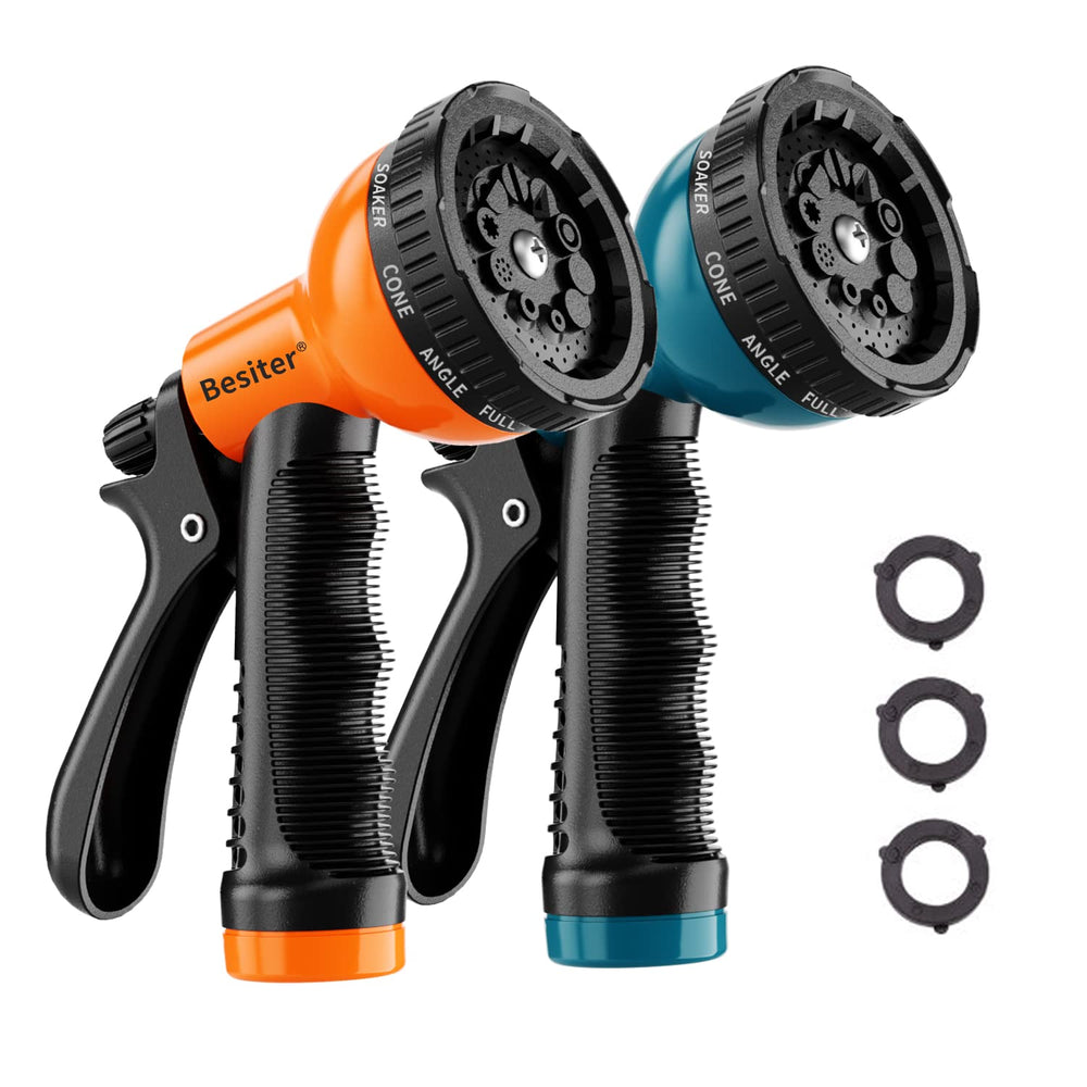 Besiter Garden Hose Nozzle Sprayer front view with blue and orange detail