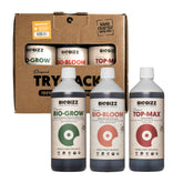 BioBizz Try Pack Indoor fertilizer kit including Bio Grow, Bio Bloom, and Top Max bottles