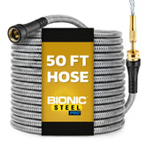 BIONIC STEEL PRO 50 Ft Metal Garden Hose side view with brass nozzle