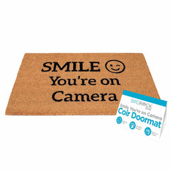 BIRDROCK HOME Doormat with 'Smile You're On Camera' message