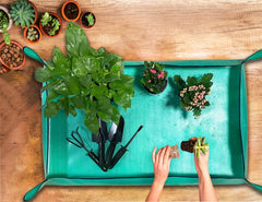 BIUWING Plant Repotting Mat in use with potted plants