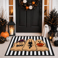Black and white striped crystal velvet mat from the Halloween Doormat Set