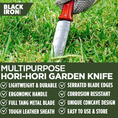 Black Iron Hori Hori Garden Knife with leather sheath and sharpening stone