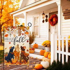 BLKWHT Fall Dog Garden Flag 12x18 double-sided design on display