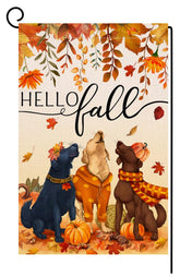 BLKWHT Fall Dog Garden Flag 12x18 front view with orange leaves