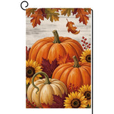BLKWHT Fall Pumpkin Garden Flag 12x18 front view with sunflowers