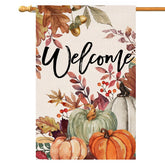 BLKWHT Fall Pumpkin Leaves House Flag front view with vibrant orange color